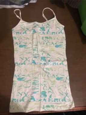 Aeropostale White Tank Top with Teal and Light Green Print